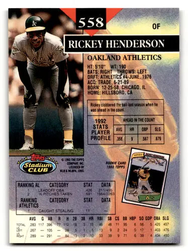 1993 Topps Stadium Club #558 Rickey Henderson NM Near Mint Athletics - Baseball Card Single