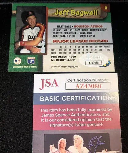 1993 Topps Stadium Club Autograph Jeff Bagwell Signed card #8 Astros JSA Auto - Baseball Card Single