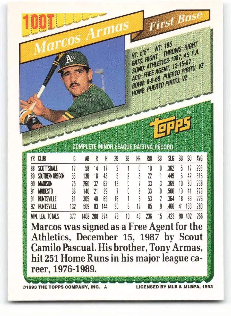1993 Topps Traded #100T Marcos Armas NM-MT RC Rookie Oakland Athletics Baseball Card - Baseball Card Single