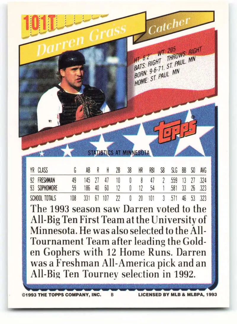 1993 Topps Traded #101T Darren Grass NM-MT RC Rookie Team USA Baseball Card - Baseball Card Single