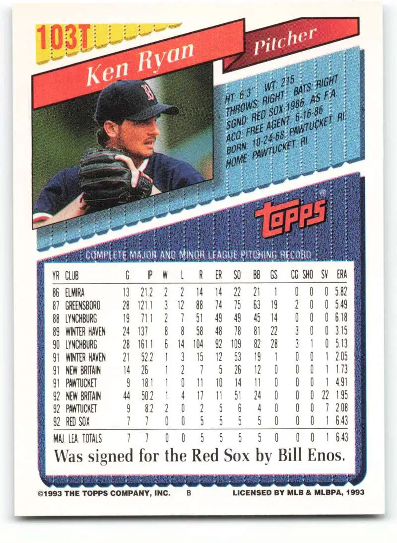 1993 Topps Traded #103T Ken Ryan NM-MT RC Rookie Boston Red Sox Baseball Card - Baseball Card Single
