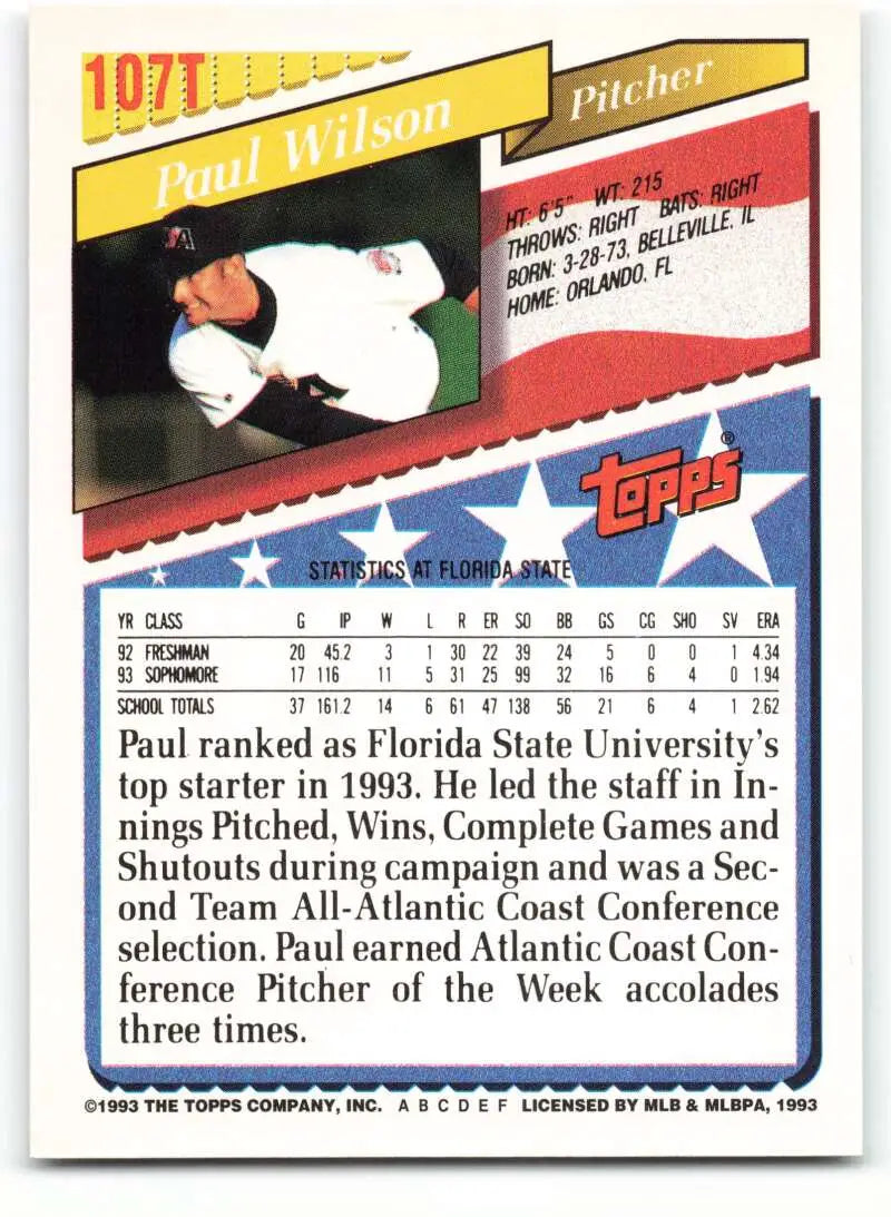 1993 Topps Traded #107T Paul Wilson NM-MT RC Rookie Team USA Baseball Card - Baseball Card Single