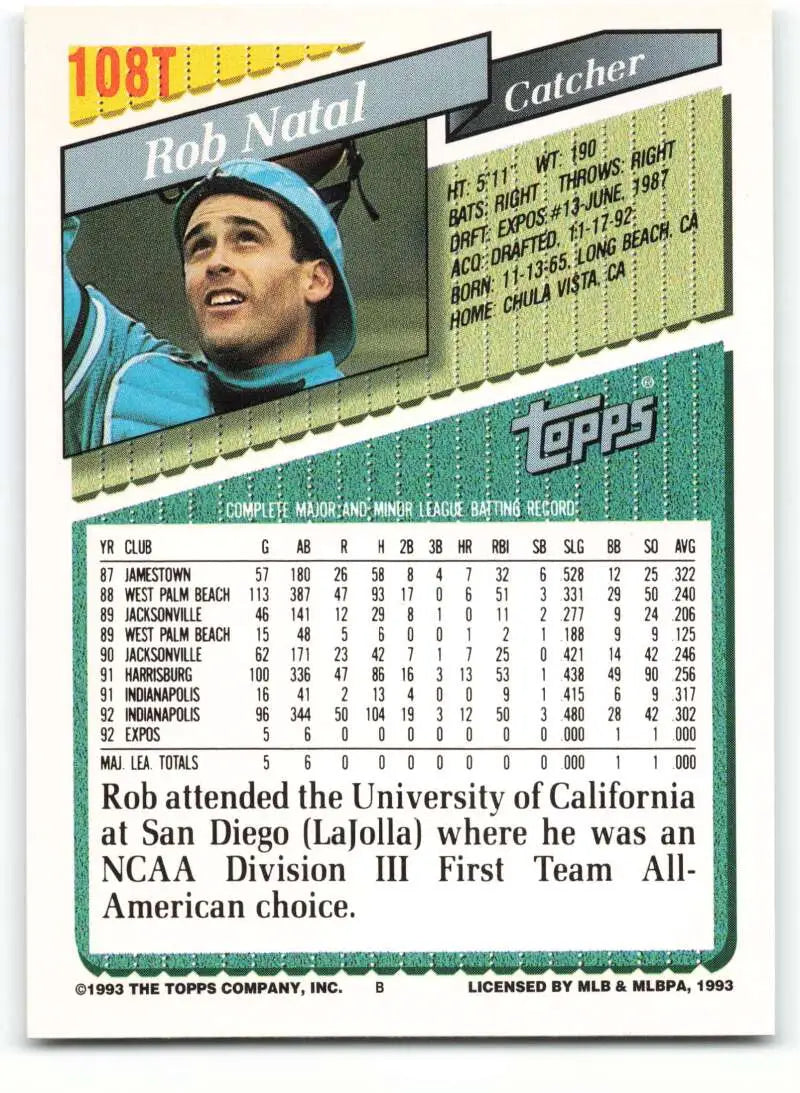 1993 Topps Traded #108T Bob Natal NM-MT Florida Marlins Baseball Card - Baseball Card Single