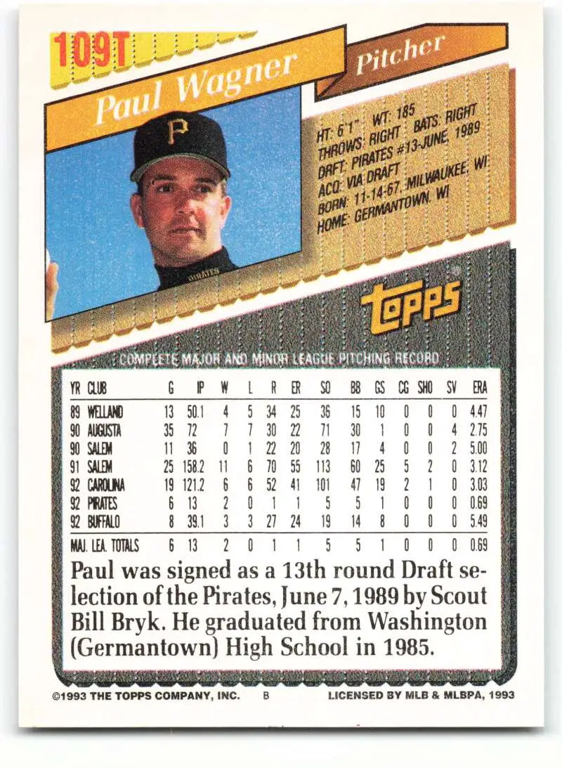 1993 Topps Traded #109T Paul Wagner NM-MT Pittsburgh Pirates Baseball Card - Baseball Card Single