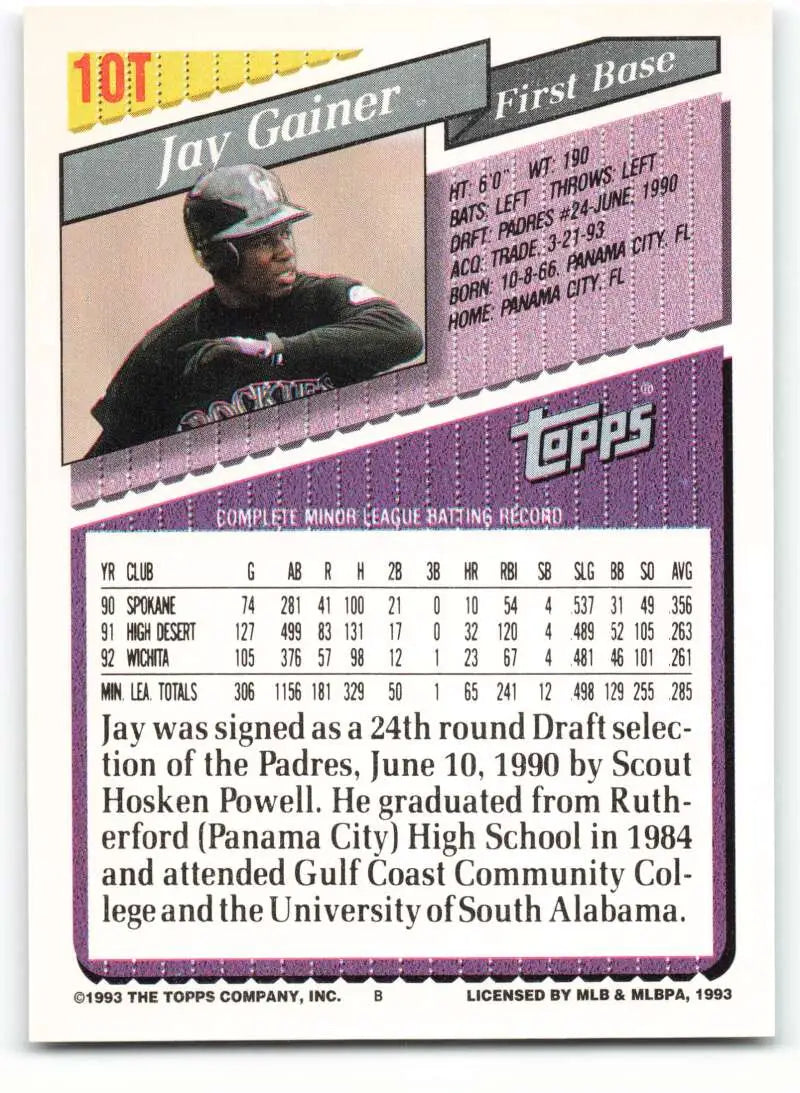 1993 Topps Traded #10T Jay Gainer NM-MT RC Rookie Colorado Rockies Baseball Card - Baseball Card Single