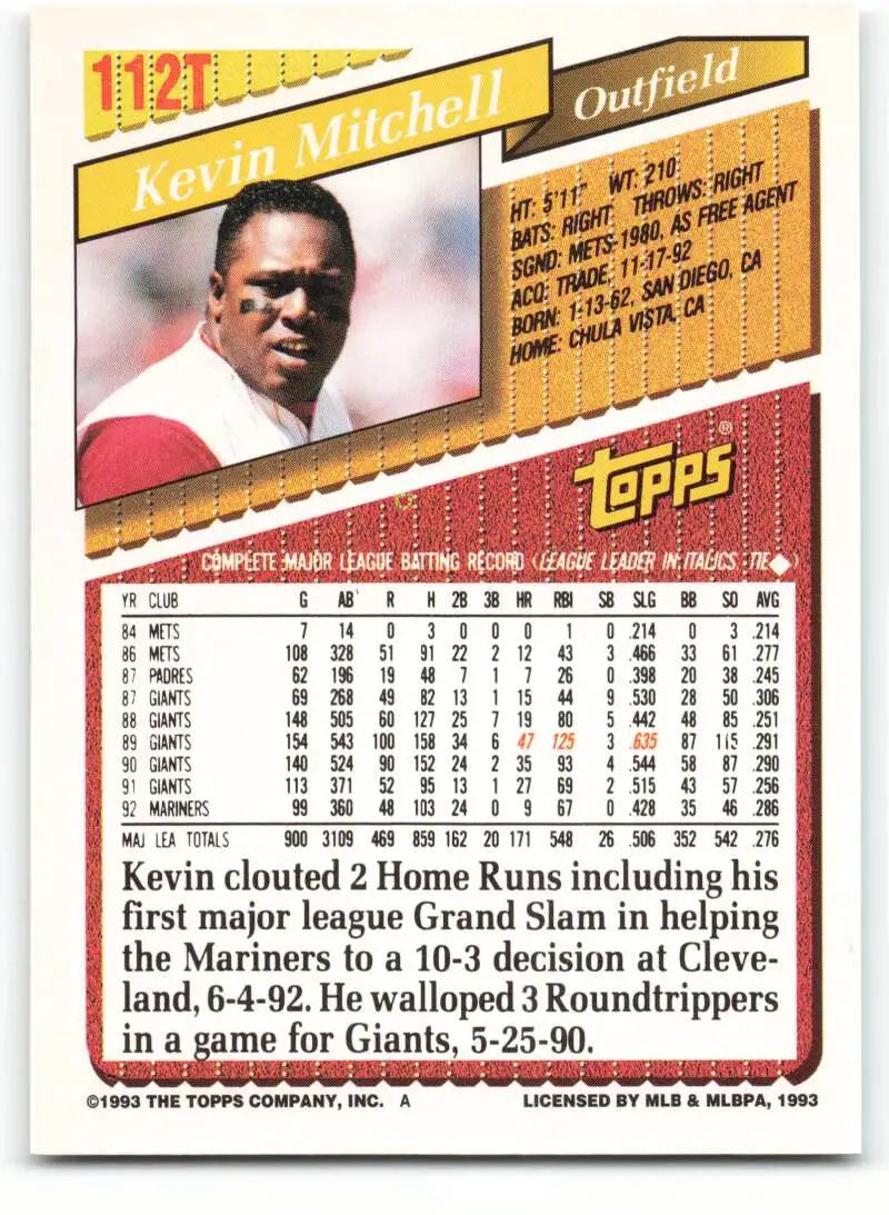 1993 Topps Traded #112T Kevin Mitchell NM-MT Cincinnati Reds Baseball Card - Baseball Card Single
