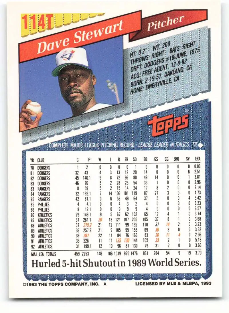 1993 Topps Traded #114T Dave Stewart NM-MT Toronto Blue Jays Baseball Card - Baseball Card Single