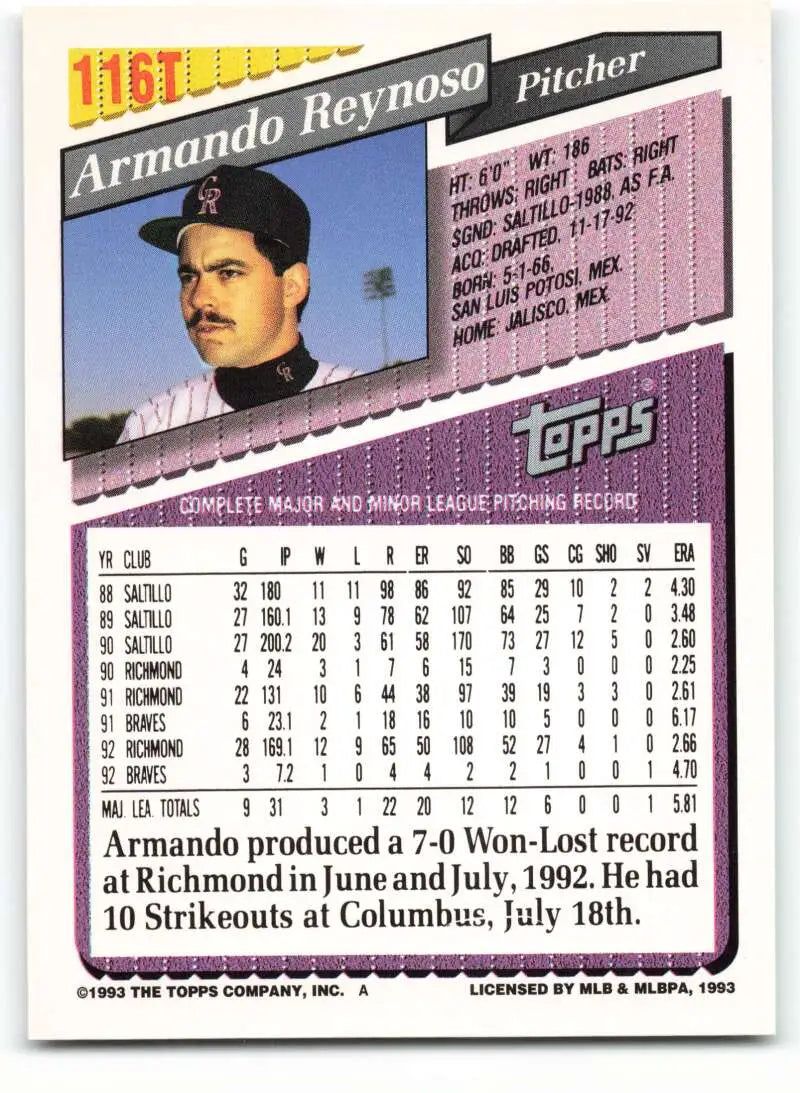 1993 Topps Traded #116T Armando Reynoso NM-MT Colorado Rockies Baseball Card - Baseball Card Single