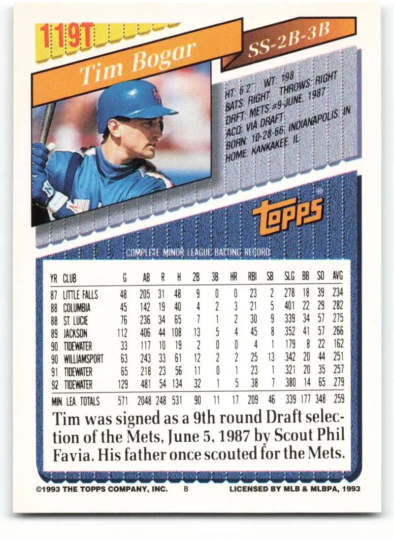 1993 Topps Traded #119T Tim Bogar NM-MT RC Rookie New York Mets Baseball Card - Baseball Card Single