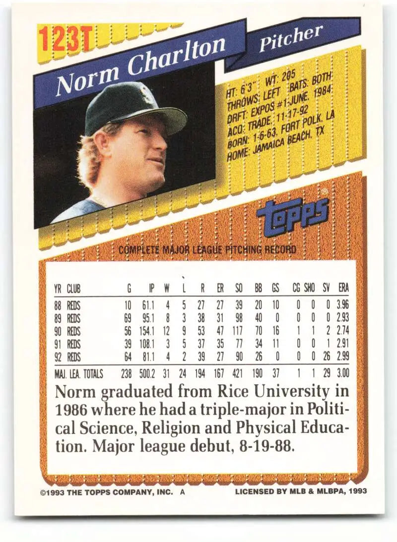 1993 Topps Traded #123T Norm Charlton NM-MT Seattle Mariners Baseball Card - Baseball Card Single
