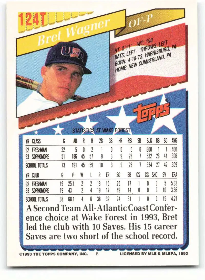 1993 Topps Traded #124T Bret Wagner NM-MT RC Rookie Team USA Baseball Card - Baseball Card Single