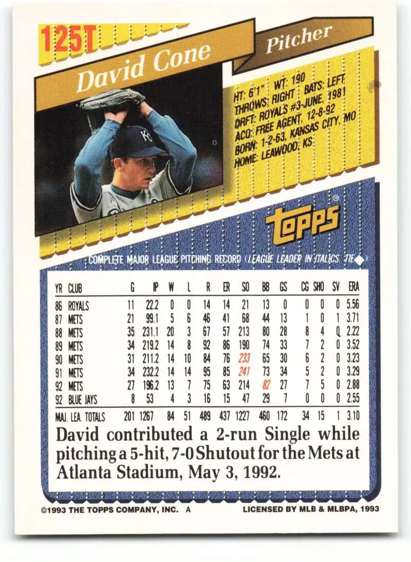 1993 Topps Traded #125T David Cone NM-MT Kansas City Royals Baseball Card - Baseball Card Single