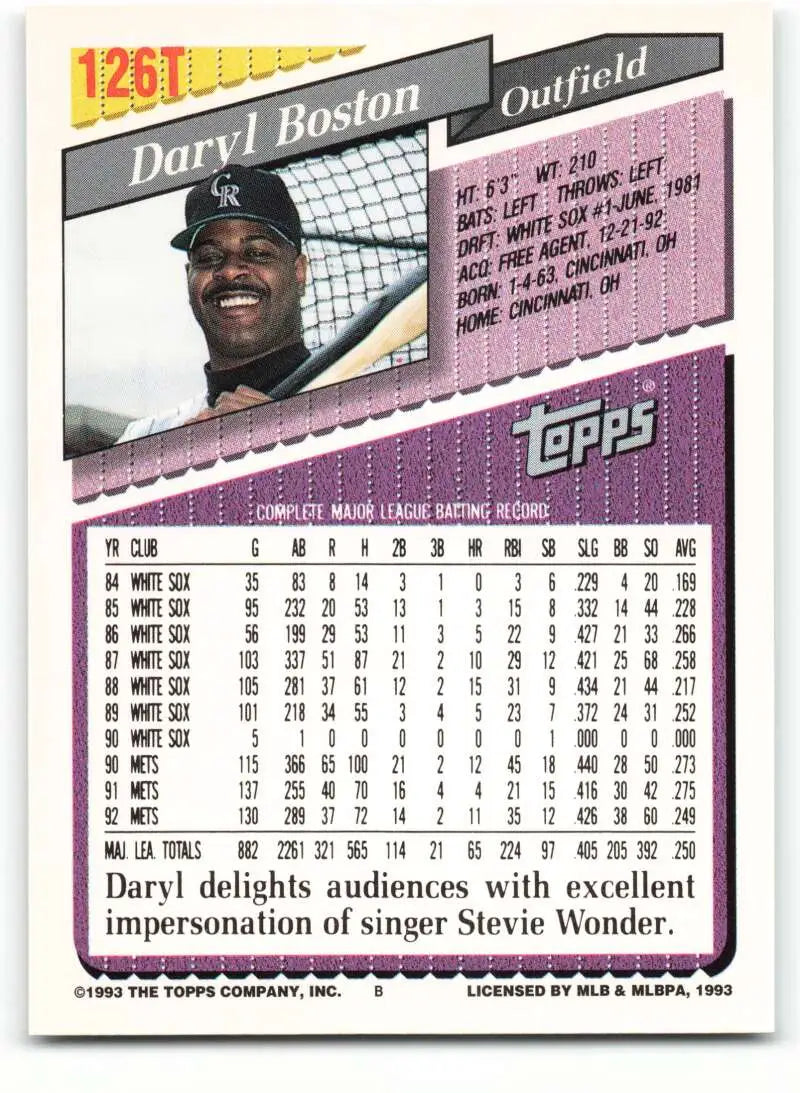 1993 Topps Traded #126T Daryl Boston NM-MT Colorado Rockies Baseball Card - Baseball Card Single