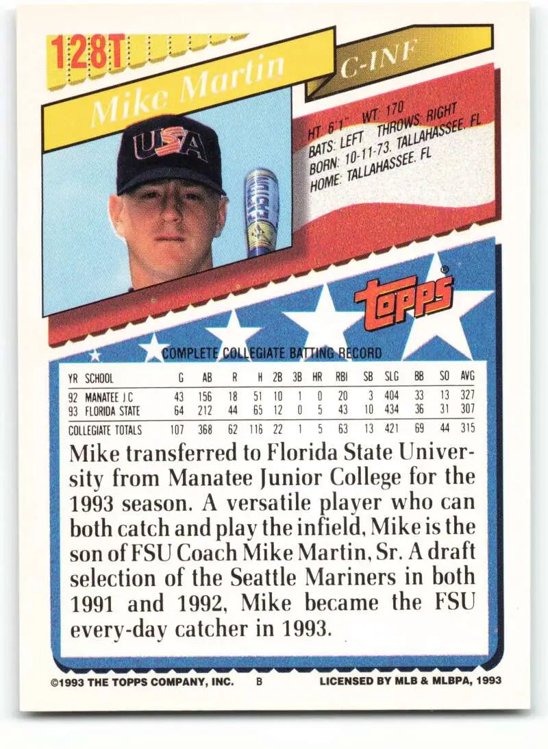1993 Topps Traded #128T Mike Martin NM-MT RC Rookie Team USA Baseball Card - Baseball Card Single