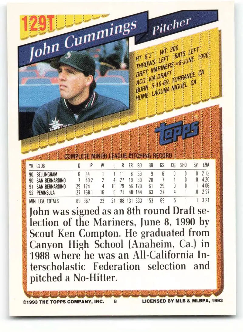1993 Topps Traded #129T John Cummings NM-MT RC Rookie Seattle Mariners Baseball Card - Baseball Card Single