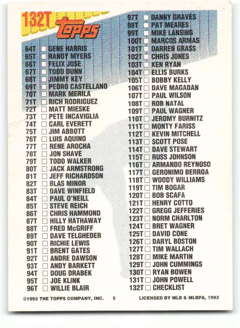 1993 Topps Traded #132T Checklist 1-132 NM-MT checklist Baseball Card - Baseball Card Single