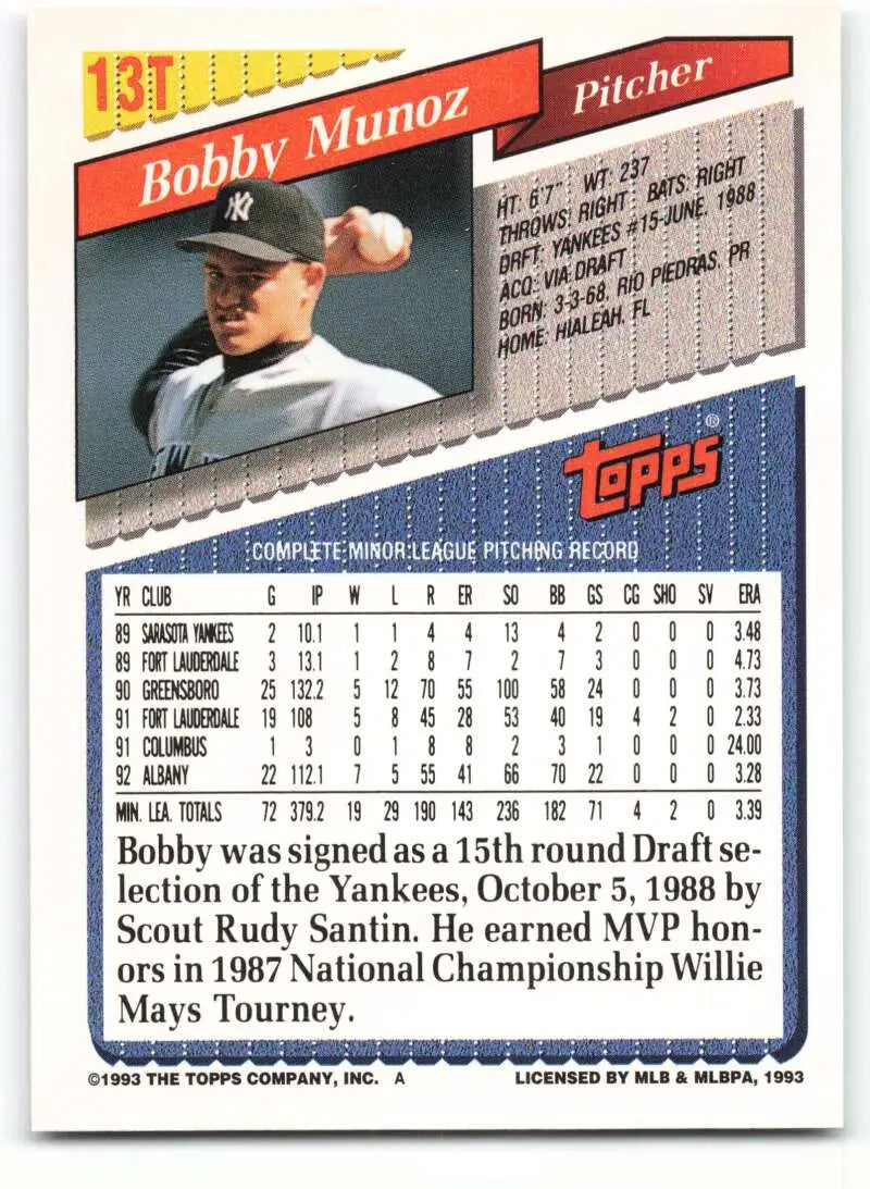 1993 Topps Traded #13T Bobby Munoz NM-MT New York Yankees Baseball Card - Baseball Card Single