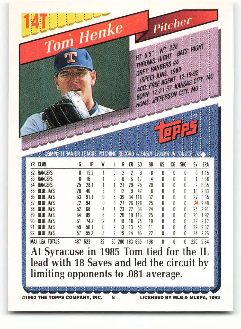 1993 Topps Traded #14T Tom Henke NM-MT Texas Rangers Baseball Card - Baseball Card Single