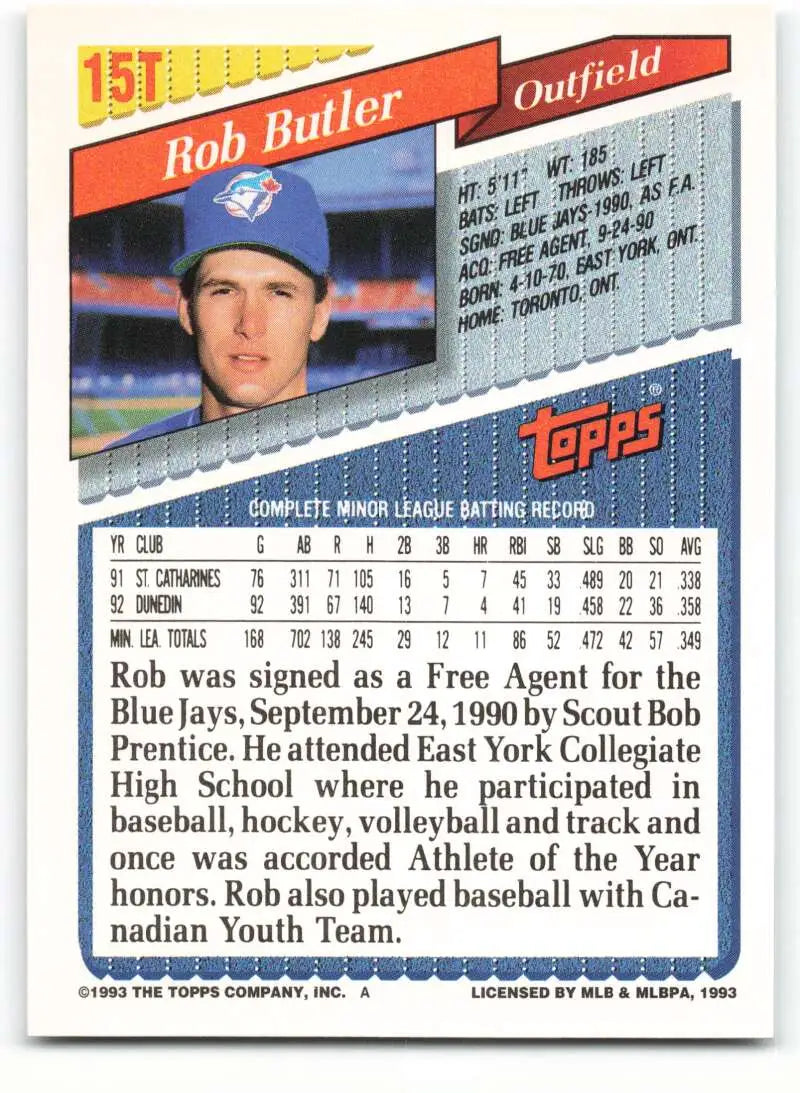 1993 Topps Traded #15T Rob Butler NM-MT Toronto Blue Jays Baseball Card - Baseball Card Single