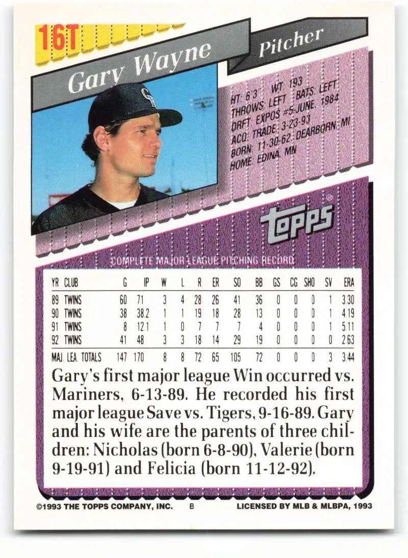 1993 Topps Traded #16T Gary Wayne NM-MT Colorado Rockies Baseball Card - Baseball Card Single