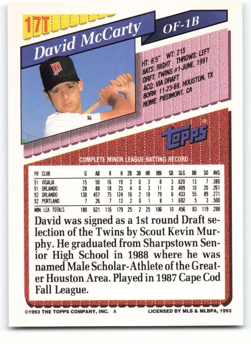 1993 Topps Traded #17T David McCarty NM-MT Minnesota Twins Baseball Card - Baseball Card Single