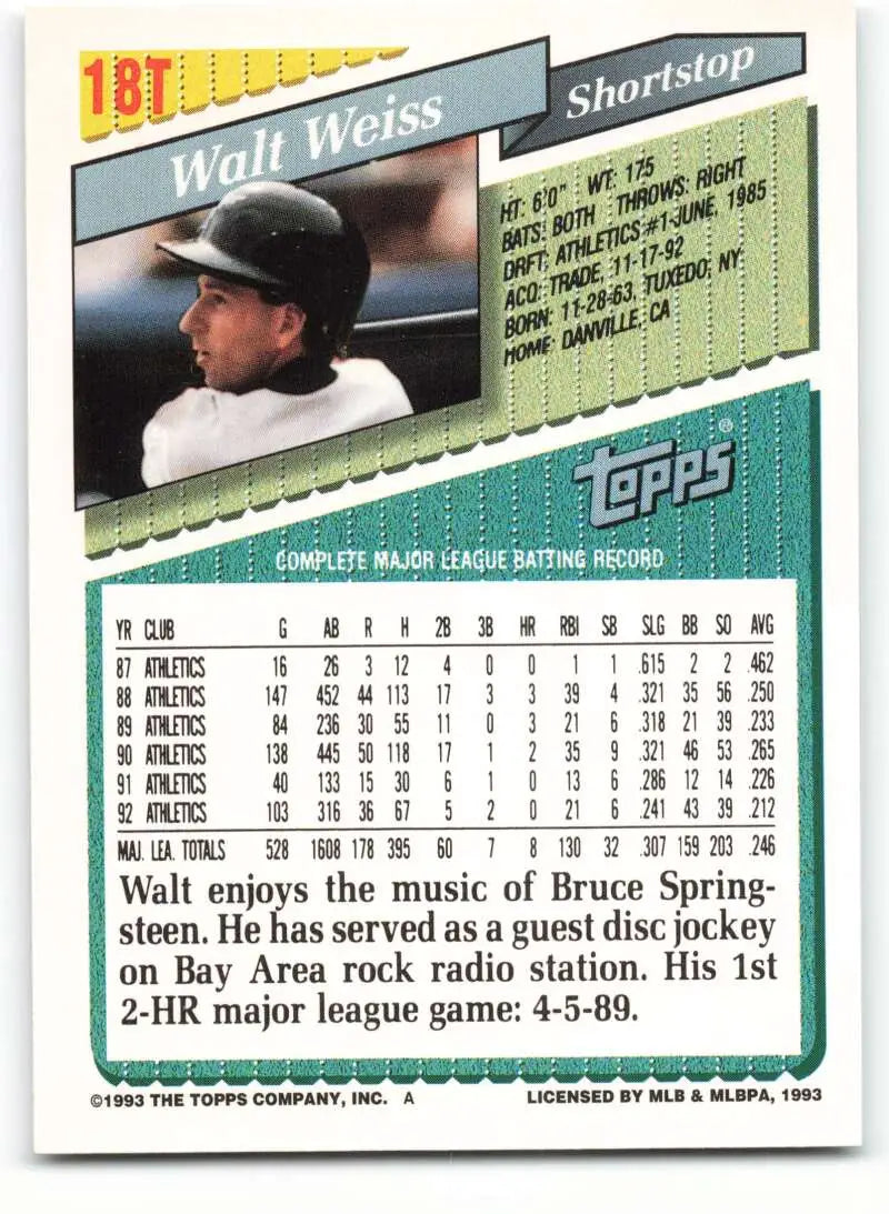 1993 Topps Traded #18T Walt Weiss NM-MT Florida Marlins Baseball Card - Baseball Card Single
