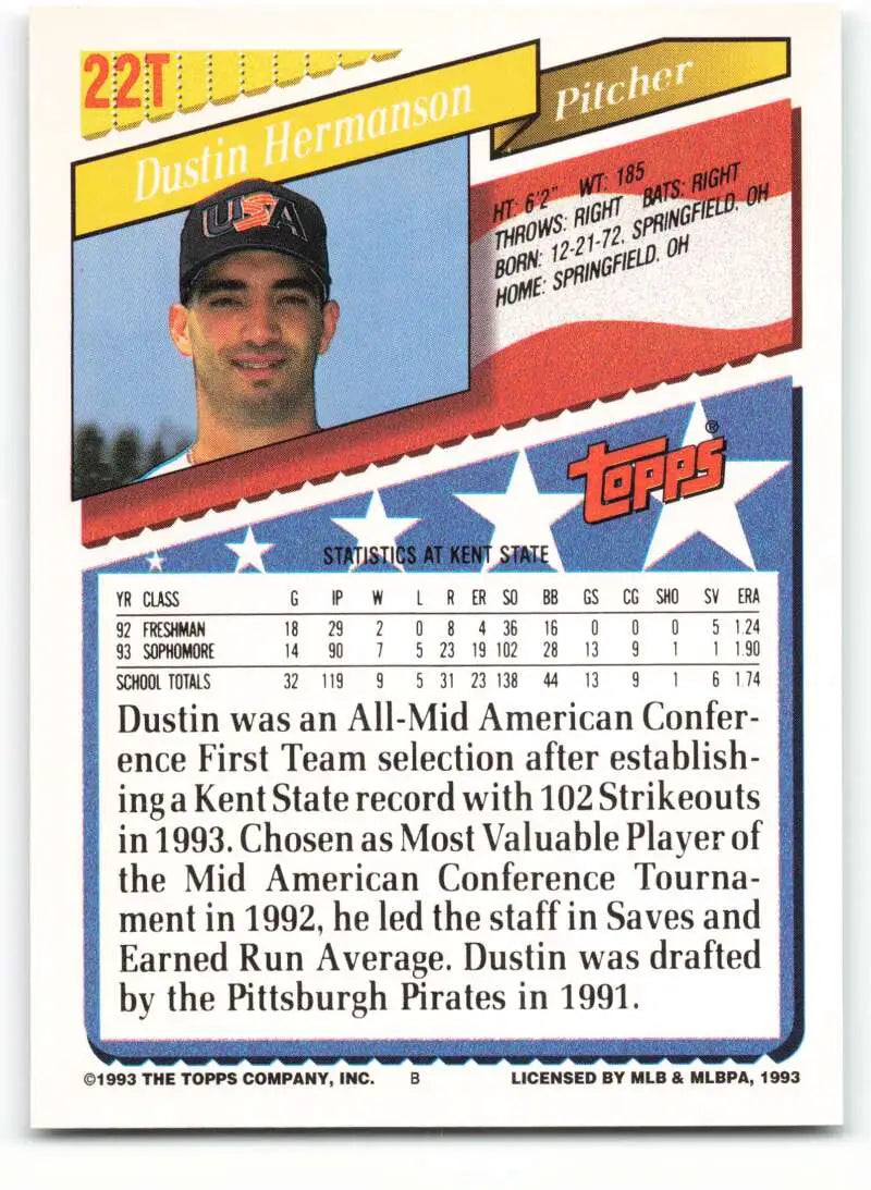 1993 Topps Traded #22T Dustin Hermanson NM-MT RC Rookie Team USA Baseball Card - Baseball Card Single
