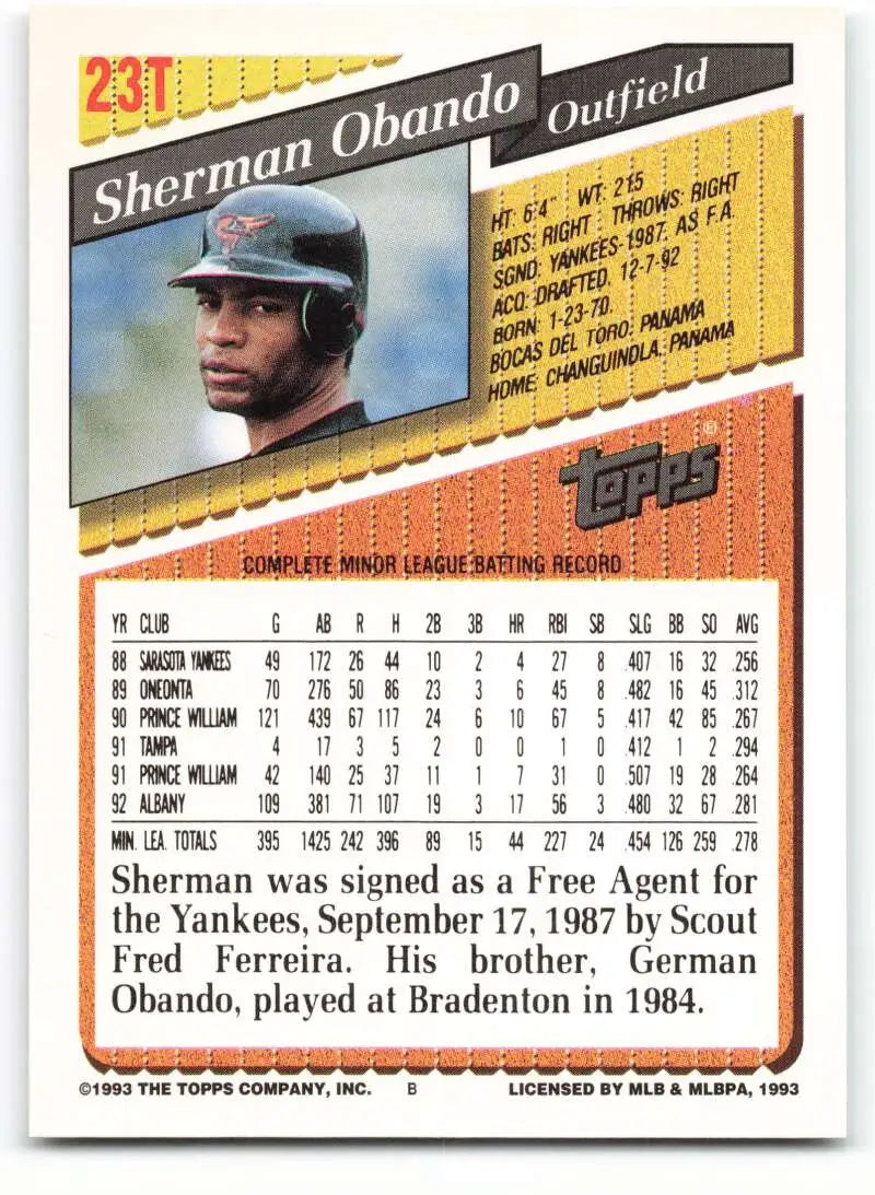 1993 Topps Traded #23T Sherman Obando NM-MT RC Rookie Baltimore Orioles Baseball Card - Baseball Card Single