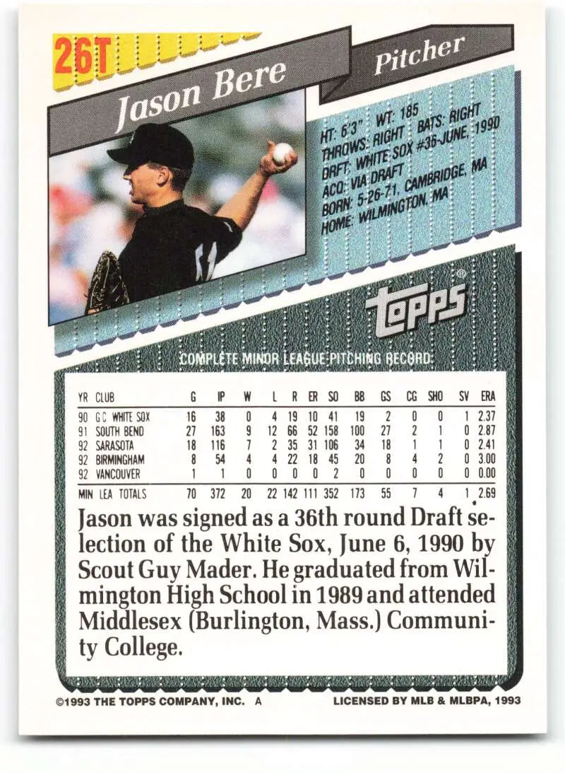 1993 Topps Traded #26T Jason Bere NM-MT Chicago White Sox Baseball Card - Baseball Card Single