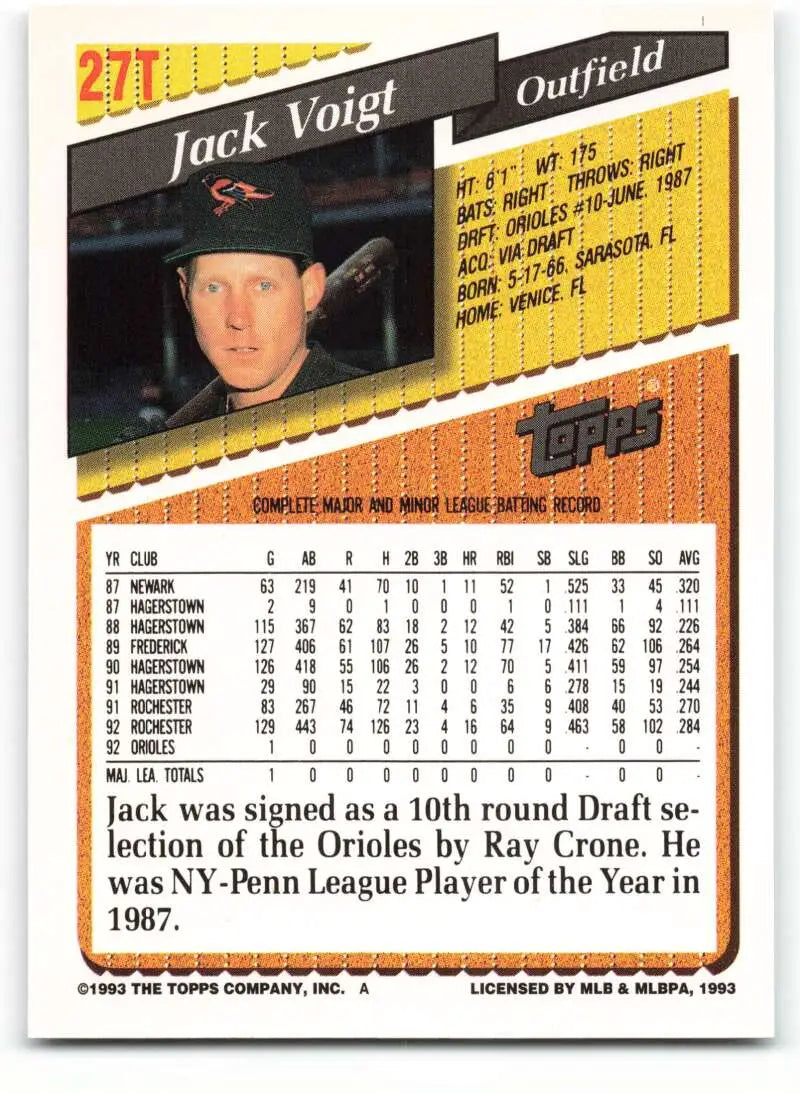 1993 Topps Traded #27T Jack Voigt NM-MT RC Rookie Baltimore Orioles Baseball Card - Baseball Card Single