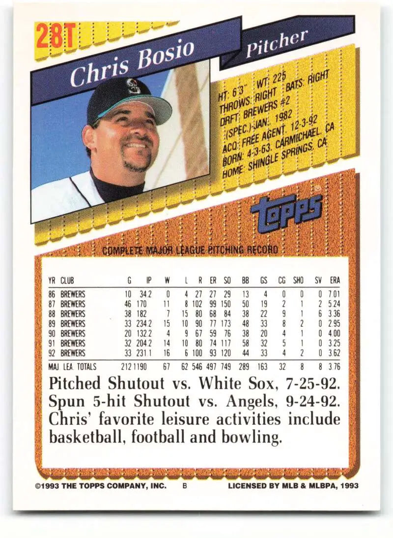 1993 Topps Traded #28T Chris Bosio NM-MT Seattle Mariners Baseball Card - Baseball Card Single