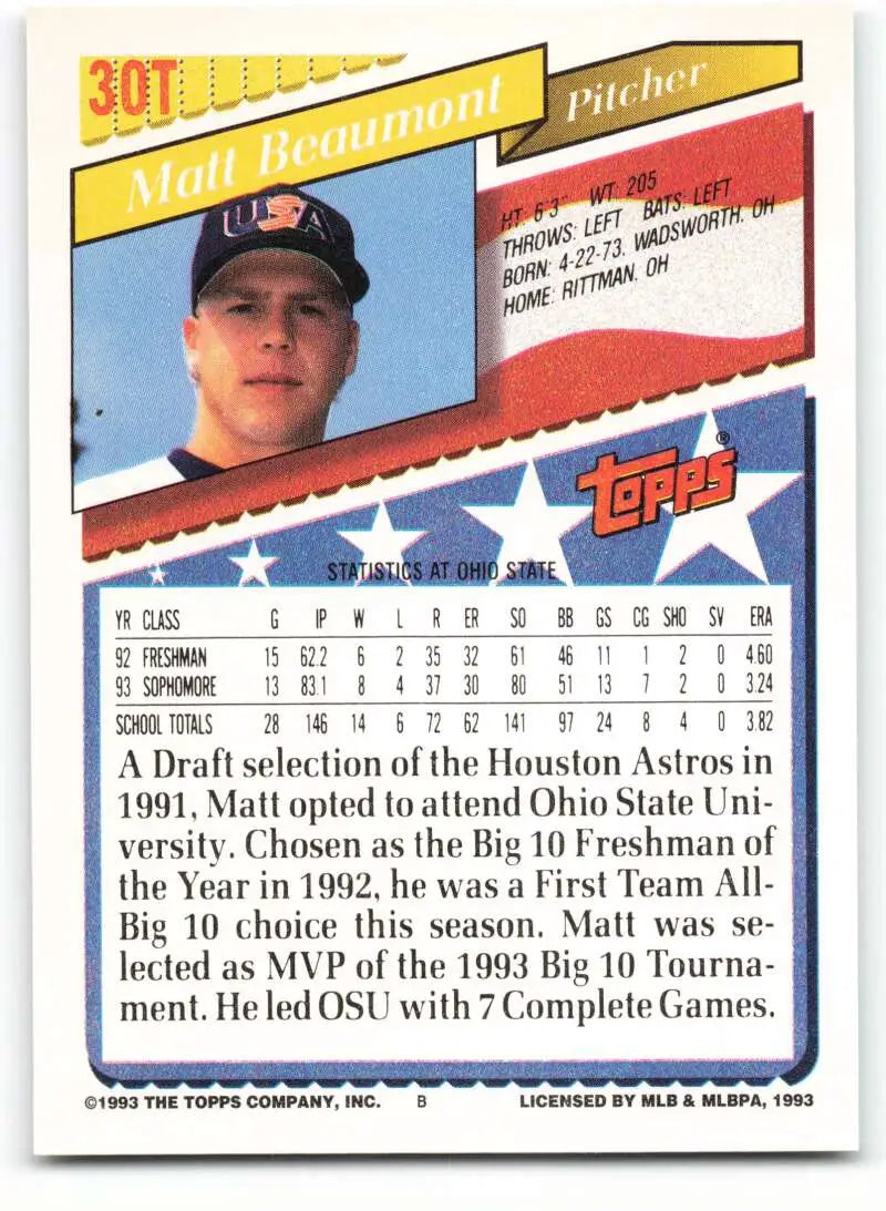 1993 Topps Traded #30T Matt Beaumont NM-MT RC Rookie Team USA Baseball Card - Baseball Card Single