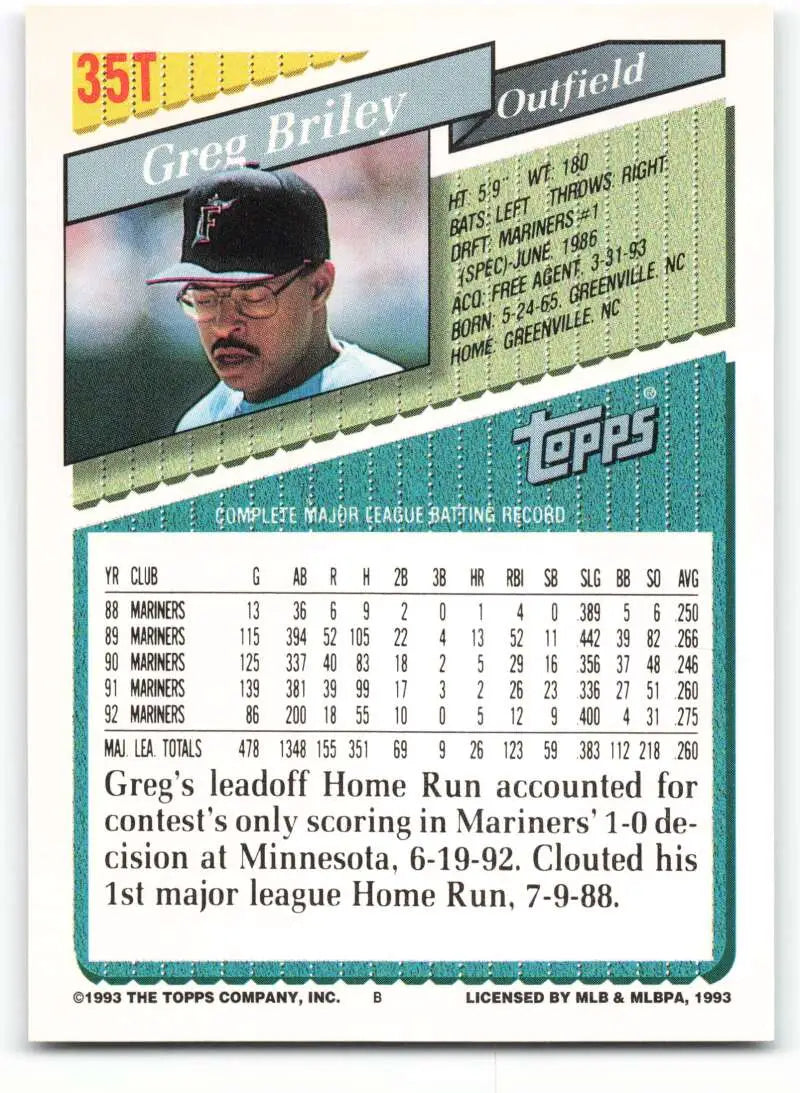 1993 Topps Traded #35T Greg Briley NM-MT Florida Marlins Baseball Card - Baseball Card Single