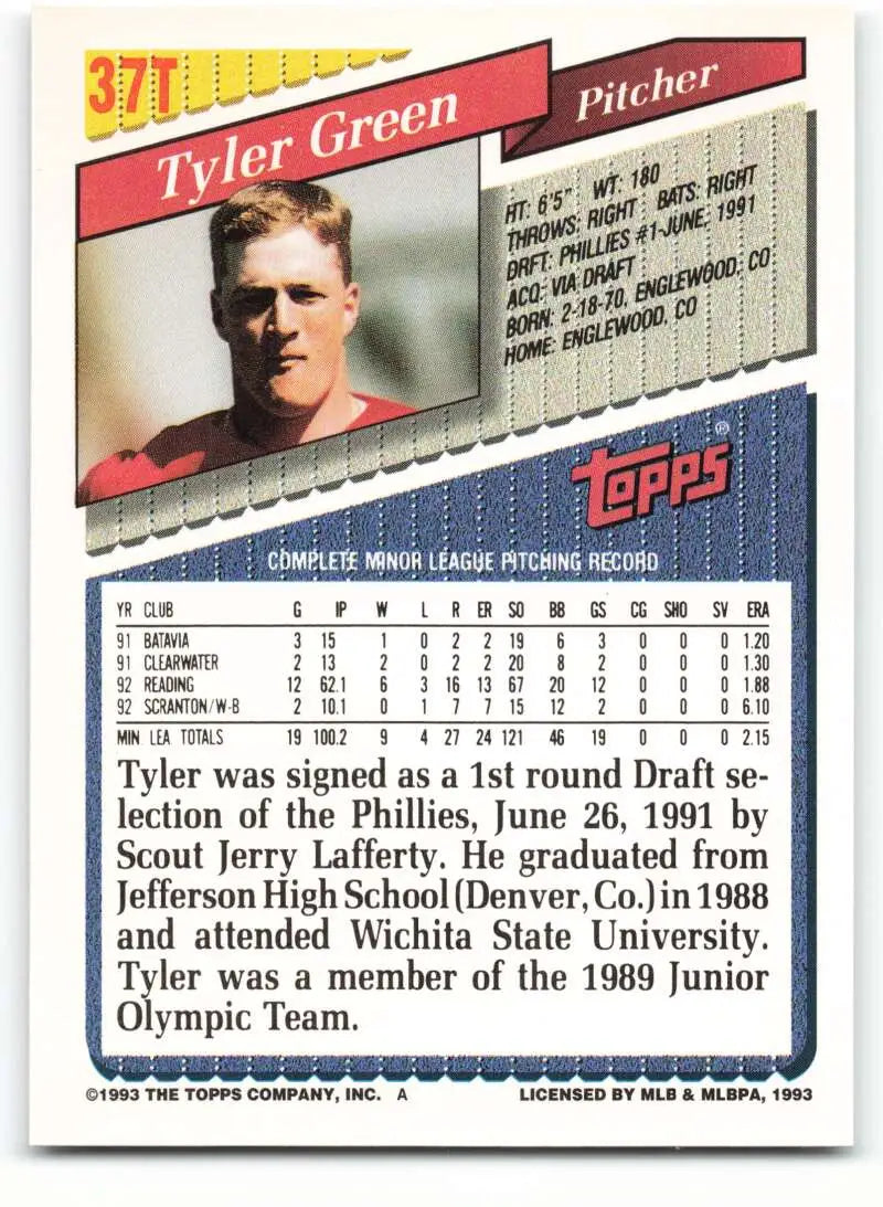 1993 Topps Traded #37T Tyler Green NM-MT Philadelphia Phillies Baseball Card - Baseball Card Single