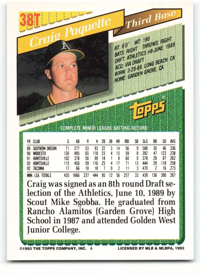 1993 Topps Traded #38T Craig Paquette NM-MT Oakland Athletics Baseball Card - Baseball Card Single