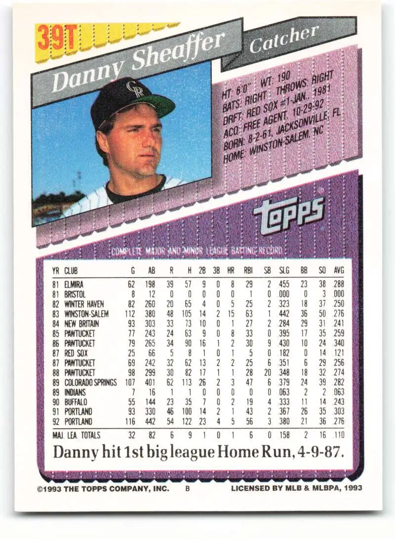 1993 Topps Traded #39T Danny Sheaffer NM-MT RC Rookie Colorado Rockies Baseball Card - Baseball Card Single