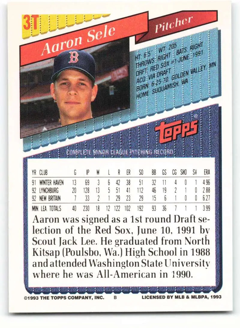 1993 Topps Traded #3T Aaron Sele NM-MT Boston Red Sox Baseball Card - Baseball Card Single