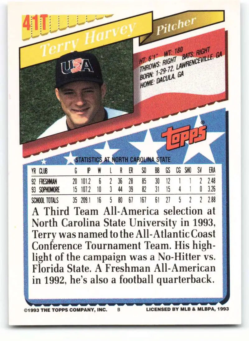 1993 Topps Traded #41T Terry Harvey NM-MT RC Rookie Team USA Baseball Card - Baseball Card Single