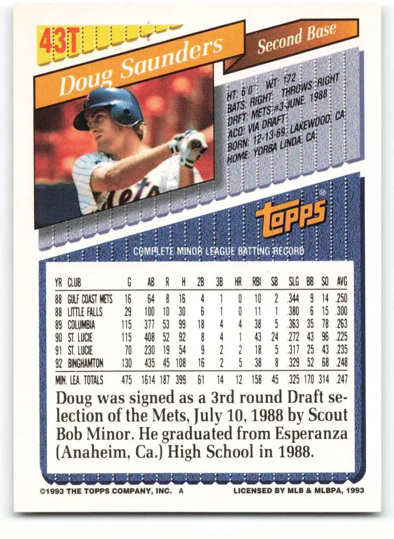 1993 Topps Traded #43T Doug Saunders NM-MT RC Rookie New York Mets Baseball Card - Baseball Card Single
