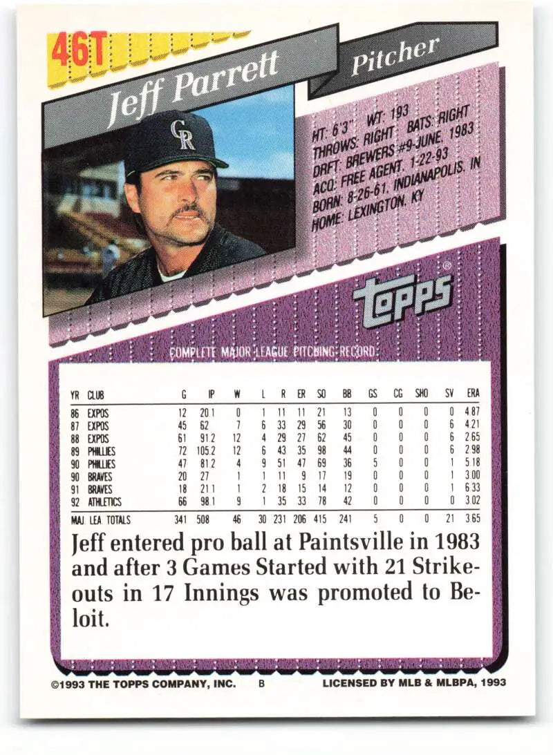1993 Topps Traded #46T Jeff Parrett NM-MT Colorado Rockies Baseball Card - Baseball Card Single