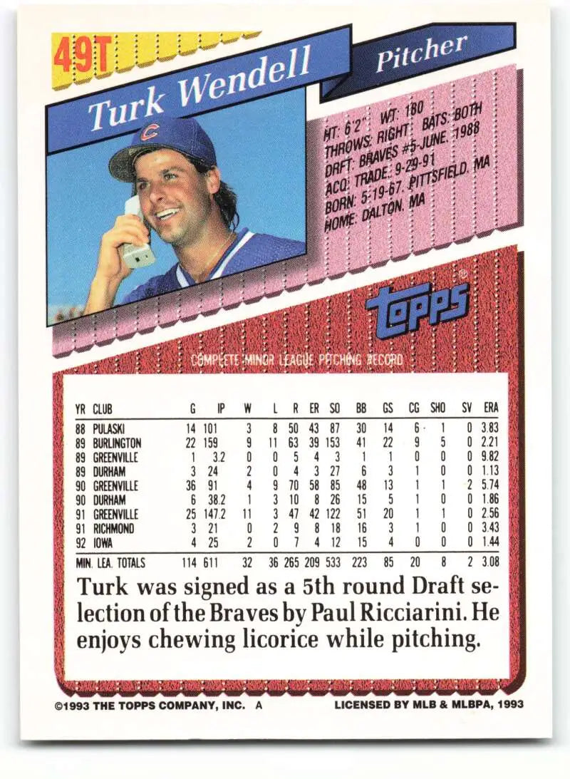 1993 Topps Traded #49T Turk Wendell NM-MT Chicago Cubs Baseball Card - Baseball Card Single