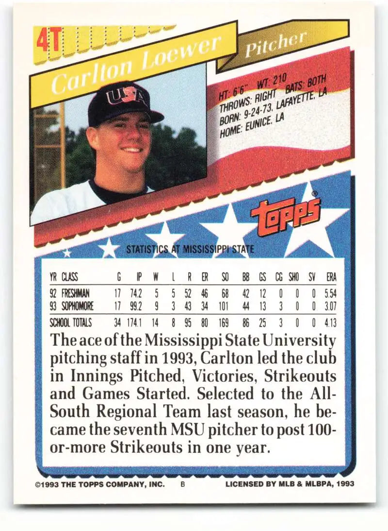 1993 Topps Traded #4T Carlton Loewer NM-MT RC Rookie Team USA Baseball Card - Baseball Card Single