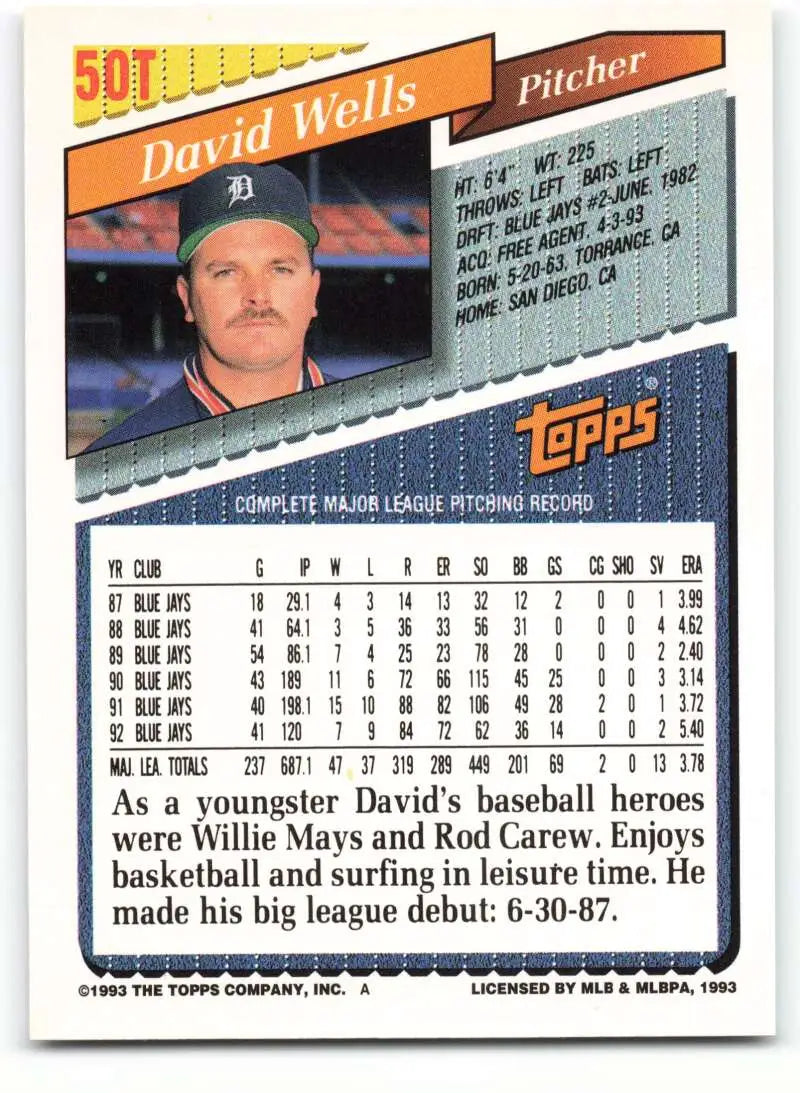1993 Topps Traded #50T David Wells NM-MT Detroit Tigers Baseball Card - Baseball Card Single
