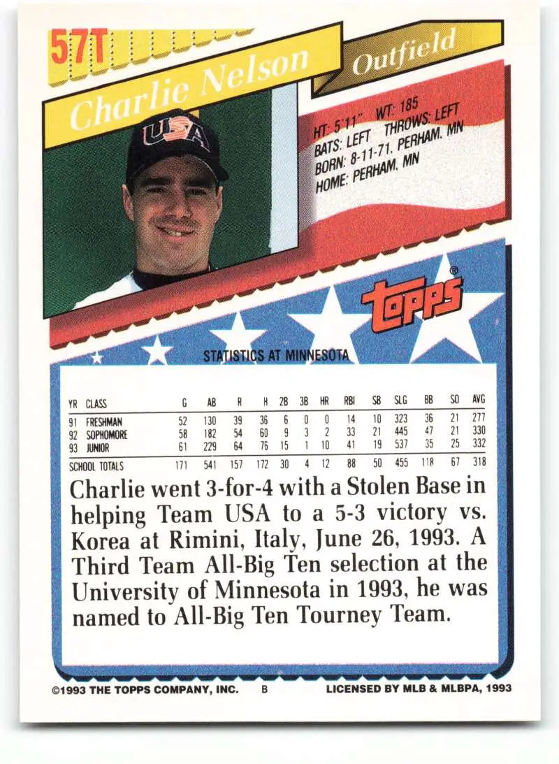 1993 Topps Traded #57T Charlie Nelson NM-MT RC Rookie Team USA Baseball Card - Baseball Card Single