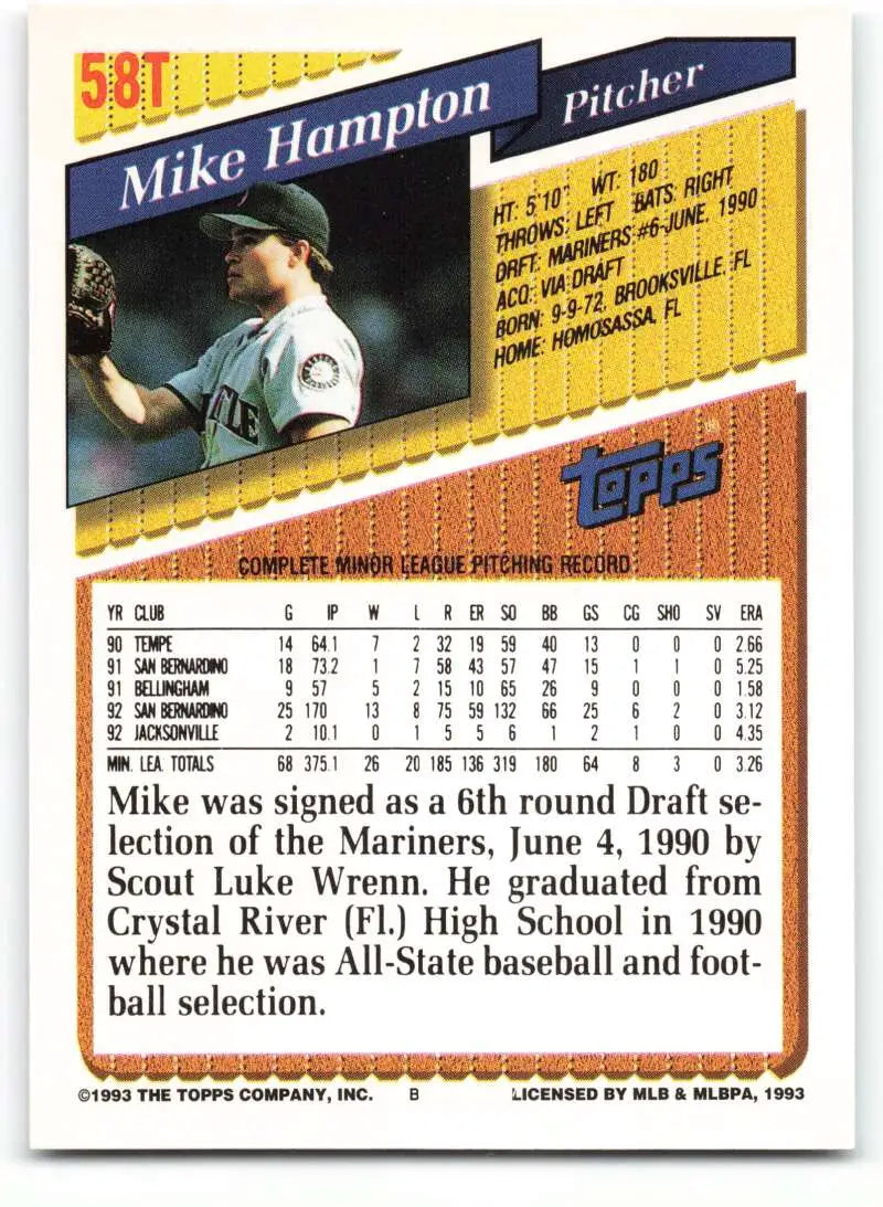 1993 Topps Traded #58T Mike Hampton NM-MT Seattle Mariners Baseball Card - Baseball Card Single