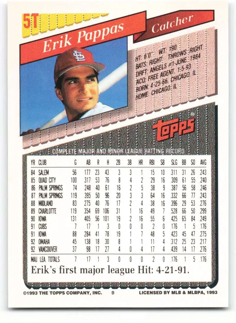 1993 Topps Traded #5T Erik Pappas NM-MT St. Louis Cardinals Baseball Card - Baseball Card Single