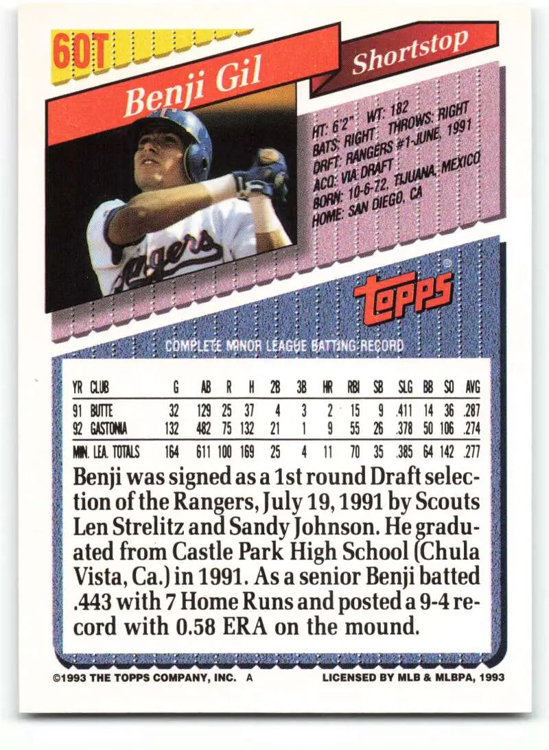 1993 Topps Traded #60T Benji Gil NM-MT Texas Rangers Baseball Card - Baseball Card Single