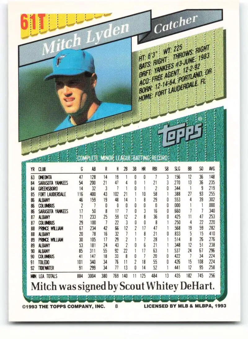 1993 Topps Traded #61T Mitch Lyden NM-MT RC Rookie Florida Marlins Baseball Card - Baseball Card Single