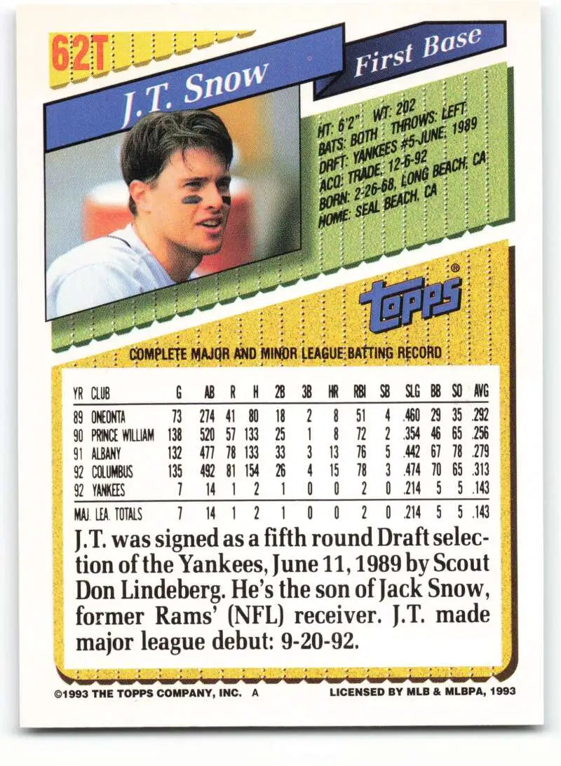 1993 Topps Traded #62T J.T. Snow NM-MT California Angels Baseball Card - Baseball Card Single