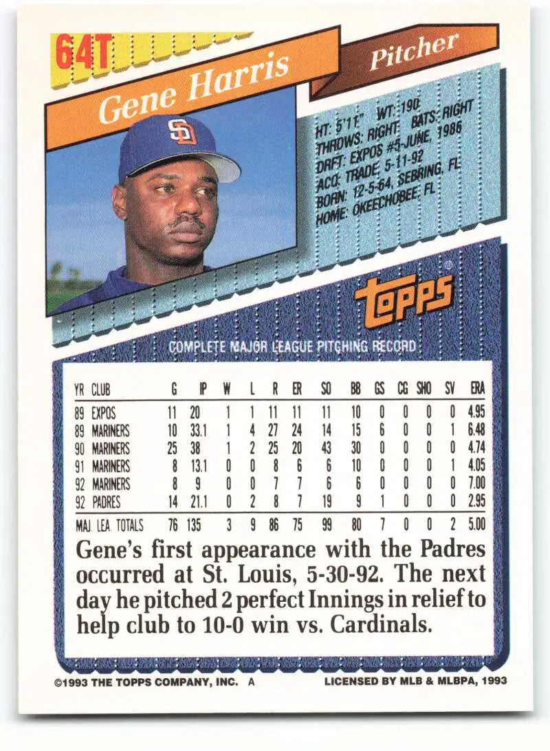 1993 Topps Traded #64T Gene Harris NM-MT San Diego Padres Baseball Card - Baseball Card Single